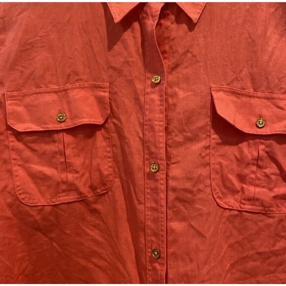 Talbots Top Large L Orange Melon Linen Button Up Roll Tab Lagenlook Boho Coastal - Picture 7 of 14